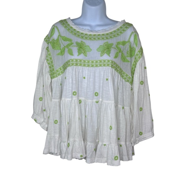 Free People Tops - Free People White Swing Babydoll Top Embroidered Lime Green Boho Peasant Small S